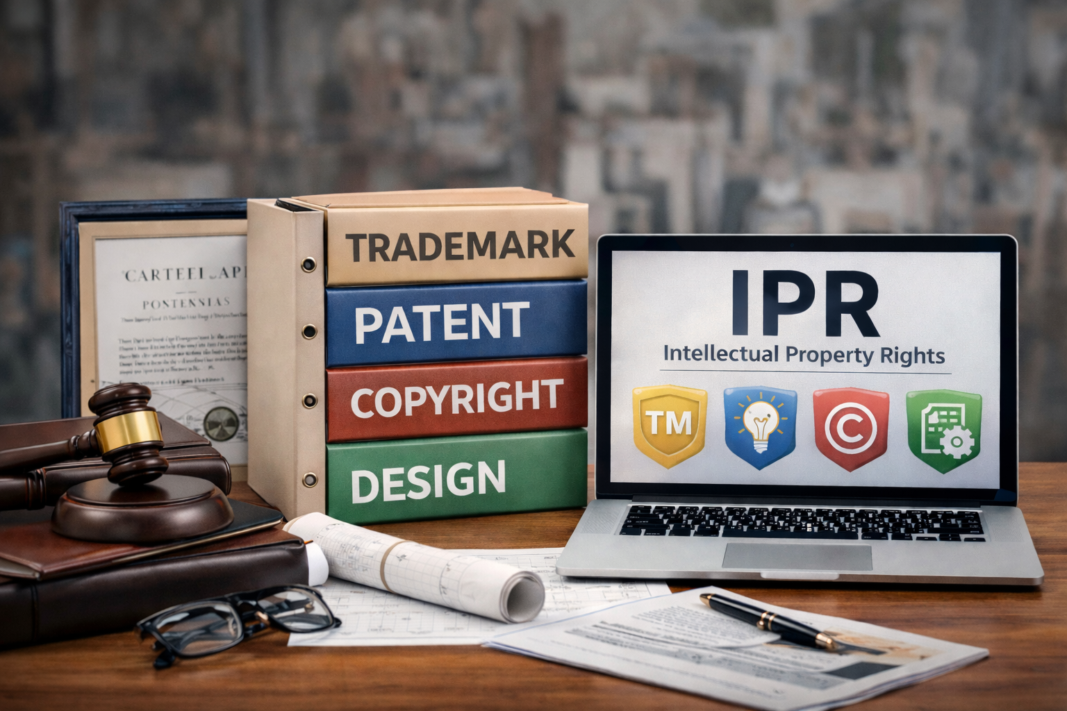 IPR protection for startups in India including trademark patent copyright and design registration concept