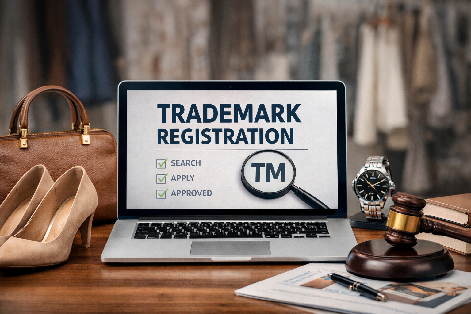 Trademark registration for fashion brands in India including clothing shoes bags and watches with legal and eCommerce concept