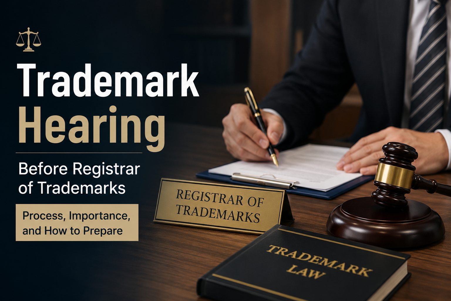 Trademark hearing before Registrar of Trademarks with legal documents and trademark registration process